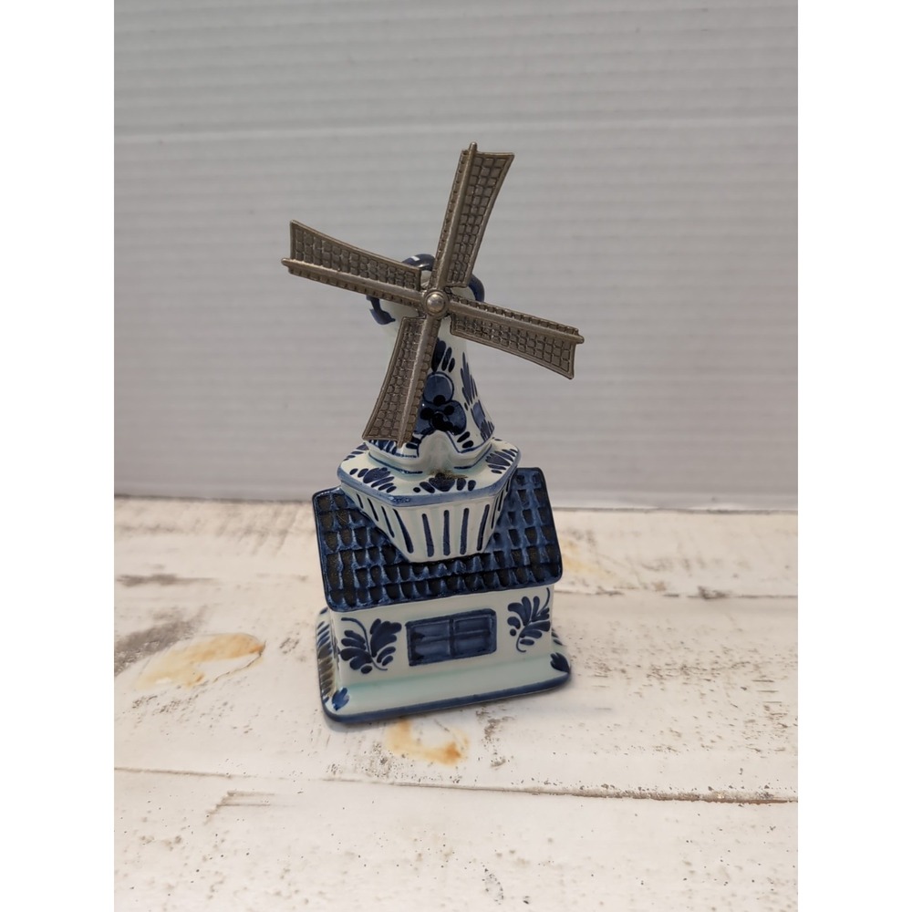 Vtg DELFT BLUE Rotating Windmill Music Box #61 "Tulips From Amsterdam" 6"H Works